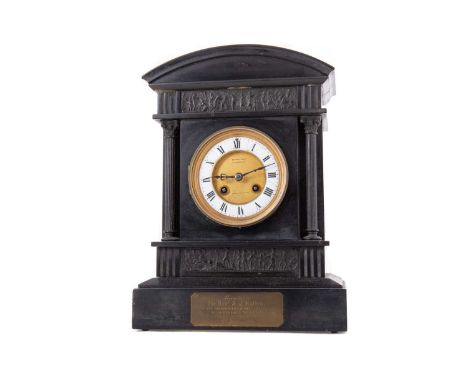 FRENCH BLACK SLATE MANTEL CLOCK LATE 19TH CENTURY with two train eight day movement, the gilt dial inscribed for retailer BRI
