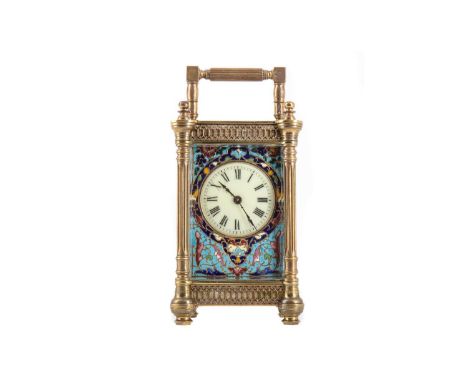 VICTORIAN BRASS AND CHAMPLEVE ENAMEL CARRIAGE CLOCK LATE 19TH CENTURY with single train eight day movment, the white enamel d