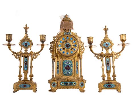 FRENCH GILT METAL AND CLOISONNE ENAMEL CLOCK GARNITURE PHILLIPE H. MOUREY, LATE 19TH CENTURY with two train eight day movemen