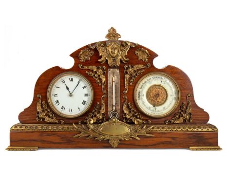 OAK DESK CLOCK/WEATHER STATION COMPENDIUM LATE 19TH CENTURY the clock with single train movement and white enamel Roman numer