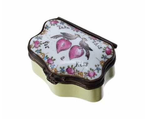 18th century enamel patch box, the hinged cover decorated with two hearts and two love birds inscribed 'Take This For A Kiss'