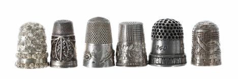 Five silver thimbles to include a Charles Horner example and one enamelled with a butterfly; also a Victoria &amp; Albert 184