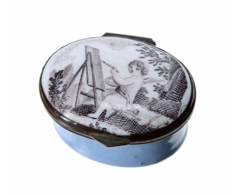 Late 18th/early 19th century Staffordshire enamel oval patch box,&nbsp;the hinged cover with a monochrome scene of a winged P