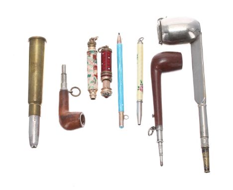 Group of three novelty propelling pencils; including two treen pipe examples, a metal pipe combination pencil/ quill pen with