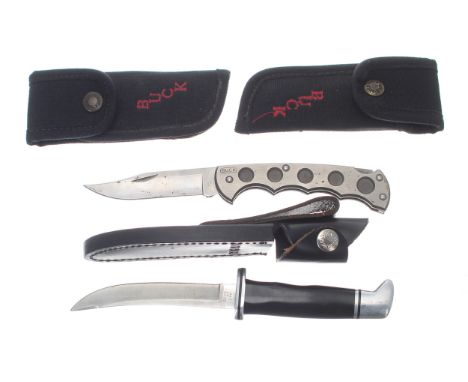Buck 560 titanium folding knife, with stainless steel blade, blade 4", within canvas pouch; together with a Buck fixed blade 