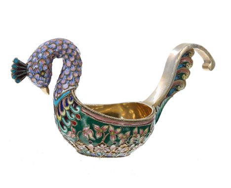 Russian silver-gilt and&nbsp;cloisonné Kovsh,&nbsp;modelled as a bird with tail feathers and a floral decorated body, marked 