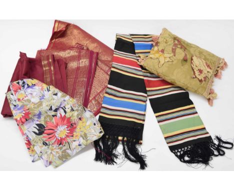 Selection of fine Asian silk; a Thai striped sash, quantity of floral silk, burgundy with gilt borders and burgundy with all-