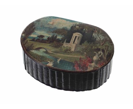 Papier maché oval patch box, the cover with grand landscaped gardens with a bridge and temple, over a shaped reeded box, 2.25