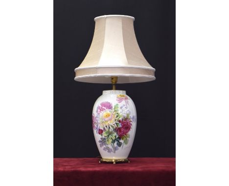 Noritake ovoid porcelain and gilt metal table lamp with shade,&nbsp;decorated with flowers, signed S. Kimura, 26" high overal