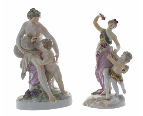 19th century&nbsp;Berlin KPM porcelain figural group of a maiden seated upon a tree trunk with a putti by her side reaching f