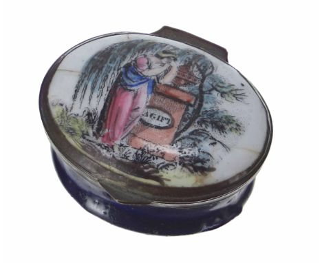 Late 18th/early 19th century Staffordshire oval enamel patch box, the hinged cover with a polychrome scene with maiden standi