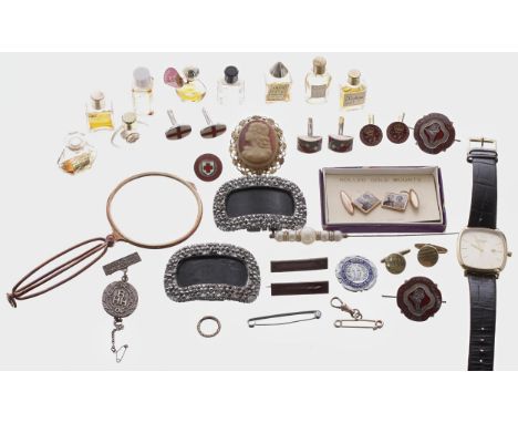 Pair of steel-cut shoe buckles, collection of miniature perfume bottles, Rotary wristwatch, cufflinks, brooches etc 