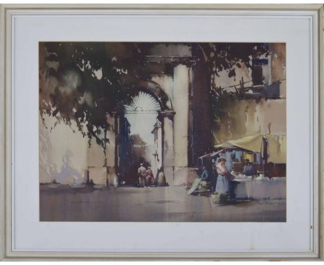 Claude Henry Buckle RI, RSMA (1905-1973) -&nbsp;'City Gates',&nbsp;figures beside a market stall, other figures entering a su