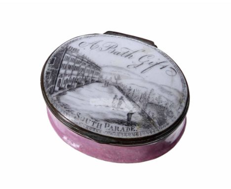 Late 18th/early 19th century Staffordshire enamel patch box, the hinged cover with a monochrome image inscribed A Bath Gift, 