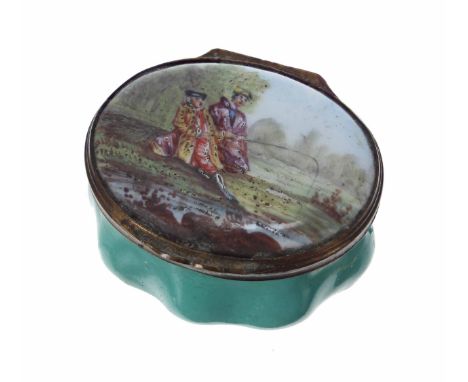 Late 18th/early 19th century Staffordshire enamel oval patch box, the hinged cover with painted figural scene of a couple fis