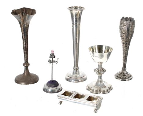 Selection of silver stem vases; including one by&nbsp;A T Cannon Ltd 6.5" high; together with a small Victorian silver commun