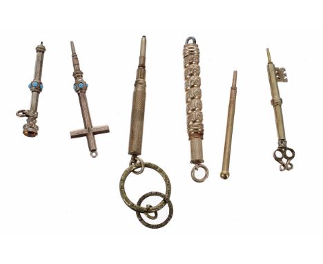 Five assorted novelty propelling pencils; with a propelling button hook (6) 
