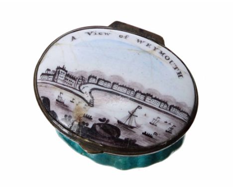 Late 18th/early 19th century Staffordshire enamel patch box,&nbsp;the hinged cover with coastal scene image inscribed A View 