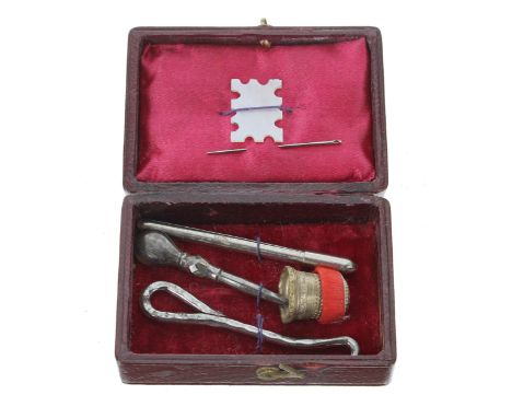 Miniature child's / doll's etui, comprising needle case, thimble, stiletto and hook, within a Morocco leather case with an in