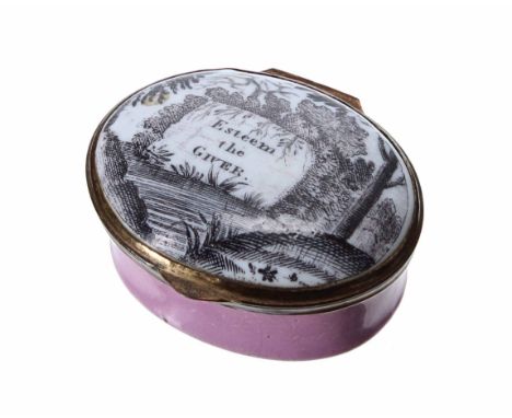Late 18th/early 19th century Staffordshire patch box, the hinged cover with a scene inscribed 'Esteem The Giver', the cover w