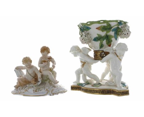 19th century Berlin KPM porcelain figural group of two putti, modelled seated reading plans and with stone masonry tools, wit