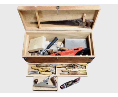 Two antique joiner's tool boxes containing carpentry tools and woodworking planes including Stanley Bailey No. 4, Bakelite ca