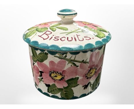 A Wemyss crackle-glazed biscuit jar, height 11cm. CONDITION REPORT: Old chip to the rim, as well as a hairline crack to the b