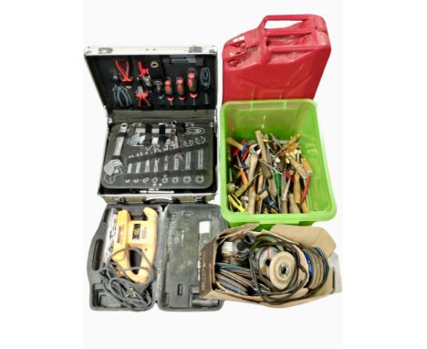 An aluminium case containing spanners and screwdrivers, together with a disc grinder, a further box of hand tools, a 20-litre