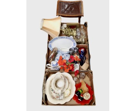 Three boxes of gilt lamp bases, glass ware, wash jug and basin, ceramics, oak and studded leather footstool 