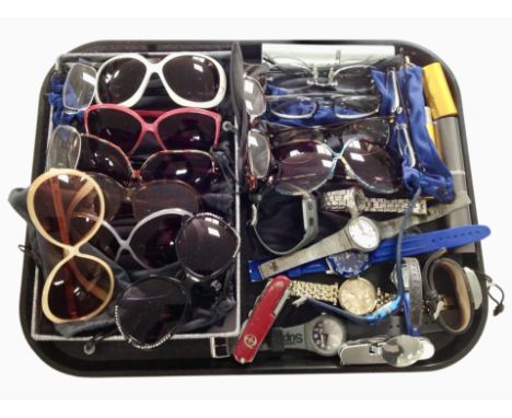 A collection of lady's and gent's costume wristwatches, sunglasses, a Swiss Army knife, etc.