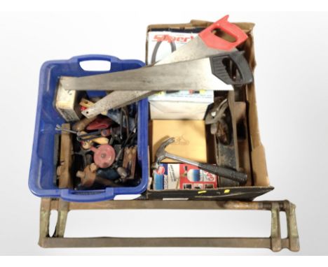 Two boxes containing woodworking planes including Stanley and other joinery tools, boxed vacuum cleaner, etc.