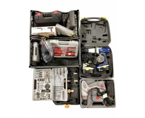 Two crates containing assorted power tools, screwdriver sets, etc.