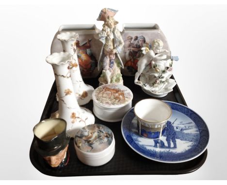 A group of ceramics including pair of Meissen candlesticks, pair of Goebel Michelangelo vases, Royal Copenhagen calendar plat