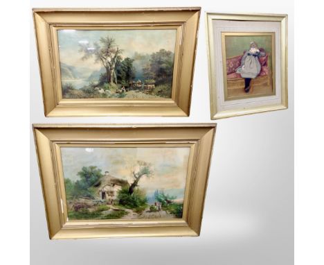 A pair of antiquarian gilt-framed colour lithographs, overall 92cm x 68cm, together with a further lithograph of a girl seate
