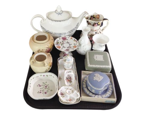 A group of ceramics including Wedgwood Jasperware, Mason's mandarin jug, two pieces of Royal Worcester blush ivory, Royal Dou