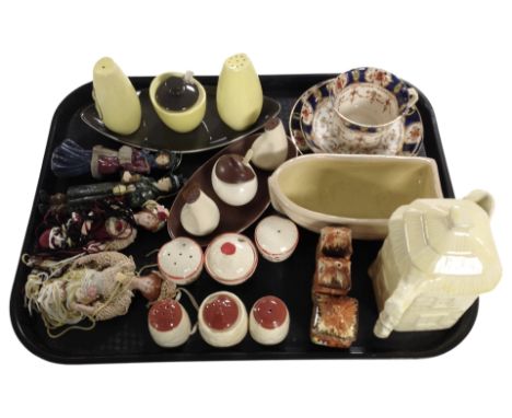 A group of ceramic cruets including cottage ware, Stanley china, Imari cup and saucer trio, Christmas tree hanging ornaments.