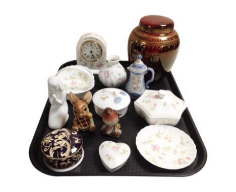 A group of ceramics including Losol ware red lustre ginger jar, Wedgwood porcelain mantel clock and trinket dishes, Beswick r