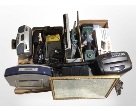 A pallet of electricals including shredder, radios, tools, boxed tile cutter, power saw, gilt mirror etc 