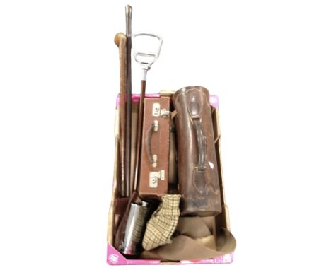 A box of two vintage leather luggage cases, hats, hip flask, shooting stick, walking sticks 