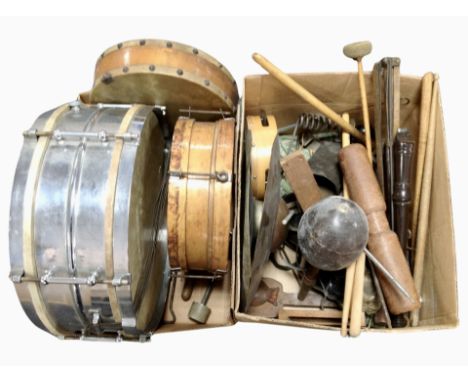 Two boxes containing assorted percussive instruments, drums, cymbals, recorder,  etc.