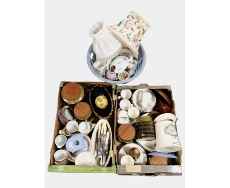 Two crates and a basket of assorted ceramics, cutlery, lamp bases, etc.