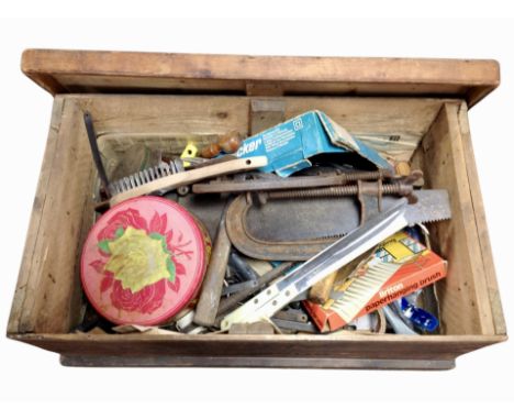 A pine crate containing assorted joinery tools, cutlery, etc.