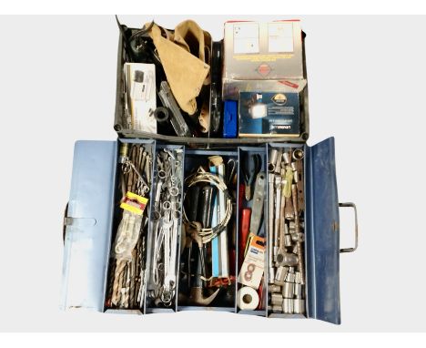 A crate and a concertina toolbox containing tools, hardware.