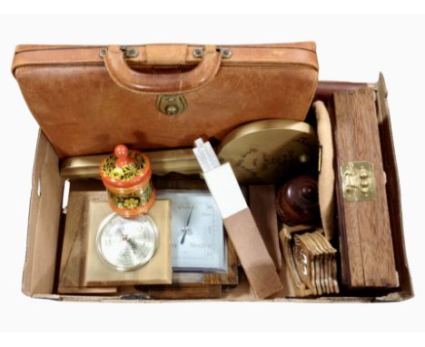 A box containing vintage leather satchel barometers, rule, oriental hardwood and brass-mounted jewellery box, etc.