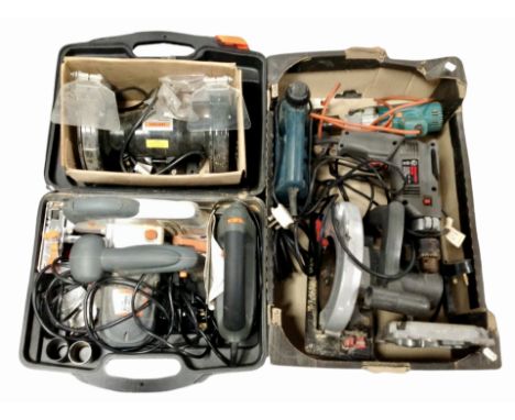 A box and plastic tool case containing assorted power tools.