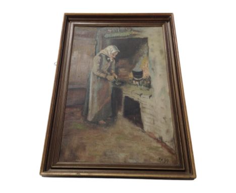 T* M* : An elderly woman cooking in a cottage interior, oil on canvas, 49 cm x 32 cm, dated '39 