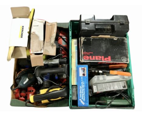 Two boxes containing assorted power tools and hand tools.