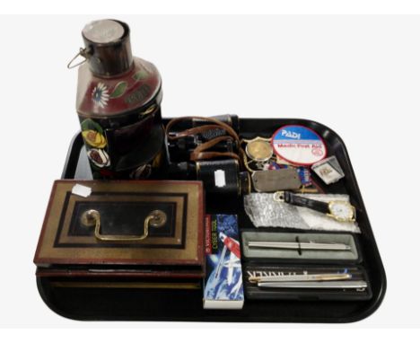 A group of collectables including antique binoculars, miniature painted Port ship's lamp, antique cash tin, pens, wristwatch,