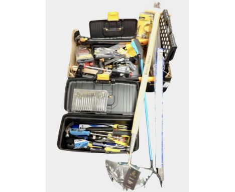 A quantity of unused tools and hardware including drill bit sets, hand tools, rules, etc.