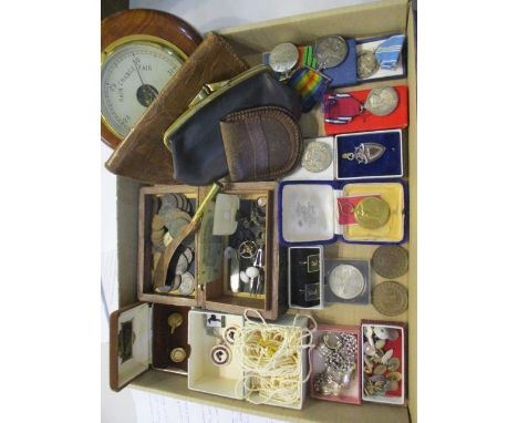 A selection of commemorative and other medals, a quantity of 19th century pennies, mixed costume jewellery and gold plated cu